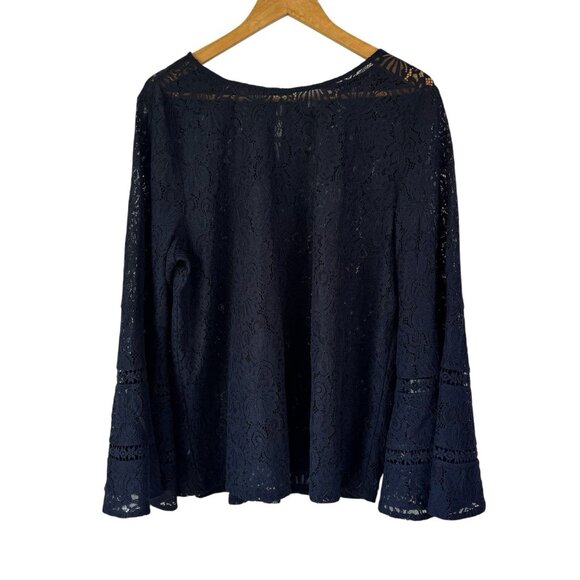 Ann Taylor LOFT Lace Tunic Top XL Dark Blue Bell Sleeve Sheer - Picture 1 of 10